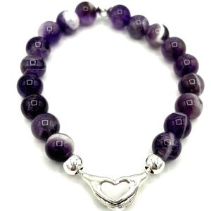 Hand Crafted Purple Amethyst Silver Heart Hands Bracelet